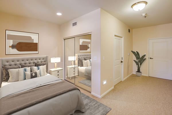 A well-decorated private resident room with modern furnishings