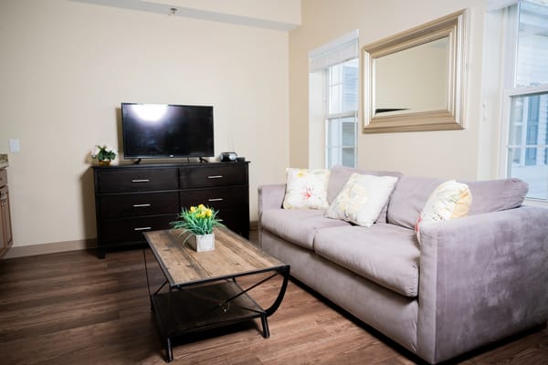 Cozy interior living room with a sofa and TV