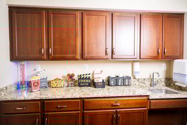 Interior kitchenette area with decorative movie-themed items