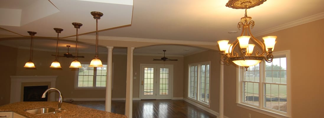 Interior view of a common area with chandeliers