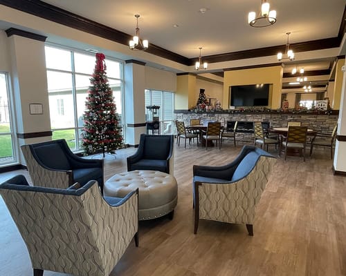 Interior lounge area decorated for the holidays