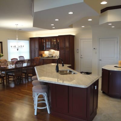 Interior view of a dining area with kitchen