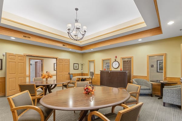 Bright common area with seating and decor