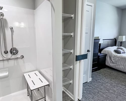 Interior view of a resident room with bathroom