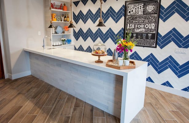 Modern interior kitchen area with decor and flowers