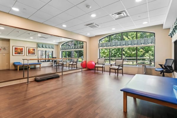 Interior view of a physical therapy room with fitness equipment