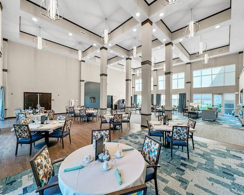 Dining area with modern decor and bright lighting