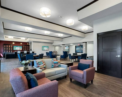 Bright and inviting common area with seating