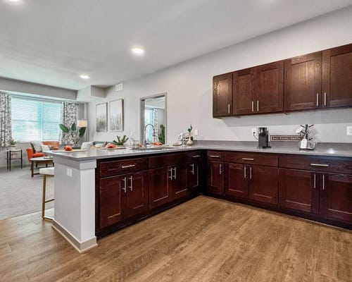 Interior view of a modern kitchen and living area