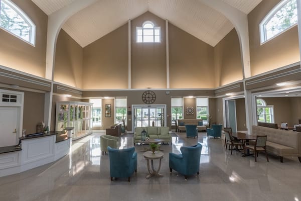 Bright and spacious common area with seating