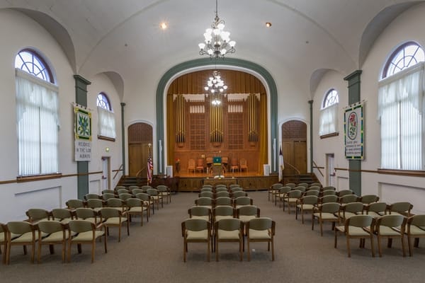 Interior view of a community hall with seating