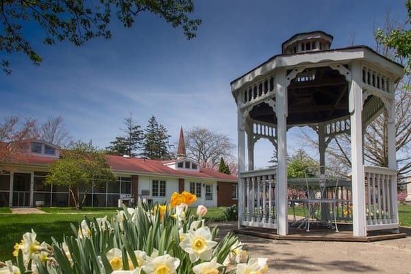 Outdoor gazebo surrounded by flowers in a garden