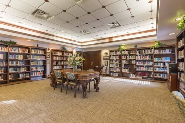 Bright interior of a library with bookshelves