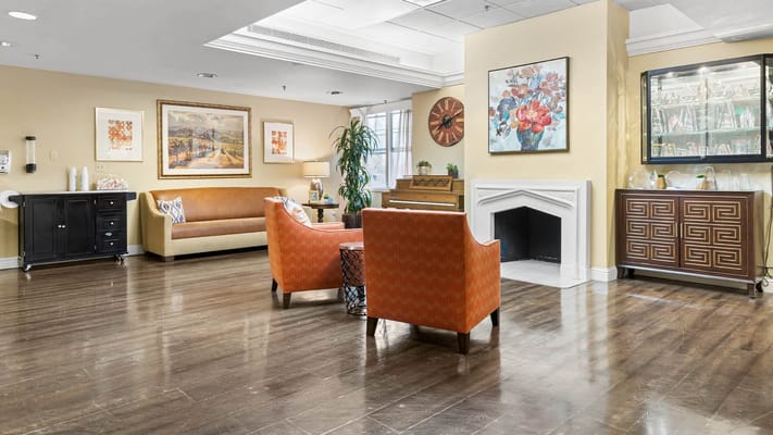 Interior common area with seating and decorative elements