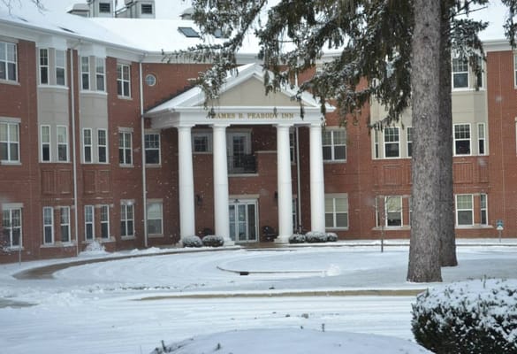 Exterior view of Peabody Retirement Community in winter