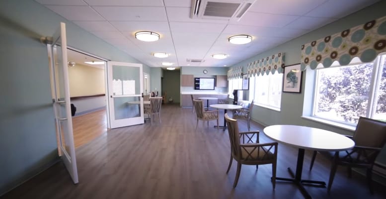 Bright and inviting common area with seating