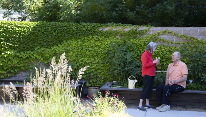 Residents enjoying conversation in a garden