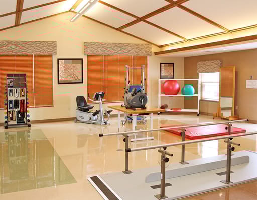 Rehabilitation gym with exercise equipment and therapy area