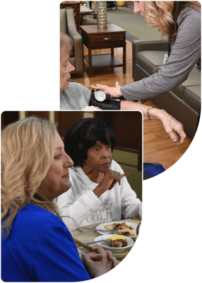 Residents engaging in activities with staff members