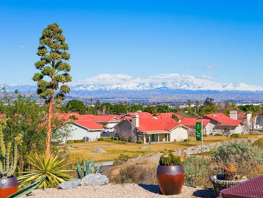 Scenic view of the facility with mountains in the background