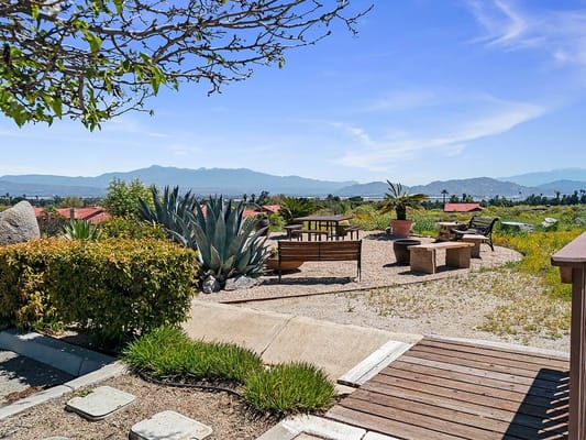 Outdoor seating area with mountain views