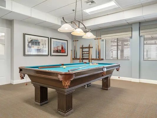 Billiard table in a common area with natural lighting
