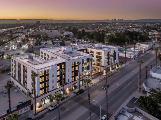 Aerial view of the Westmont of Culver City building at dusk