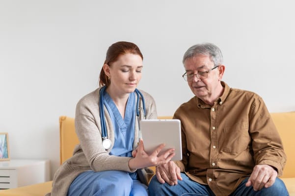 A nurse assisting a senior resident with a tablet