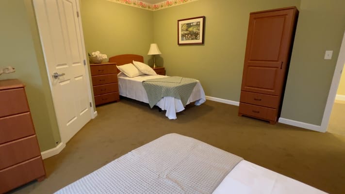 Bright private room with two beds and green walls
