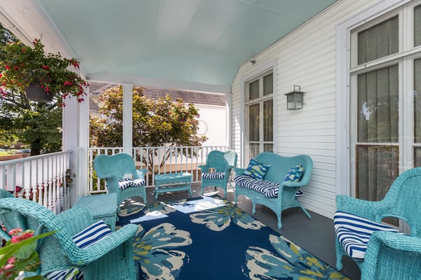 Cozy outdoor seating area with turquoise furniture