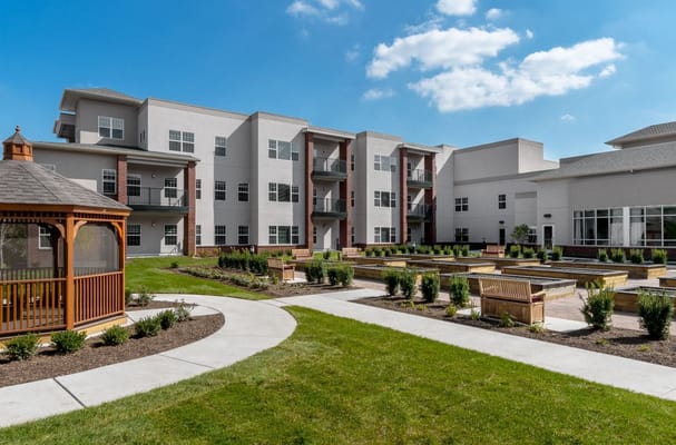 Outdoor common area with seating and pathways