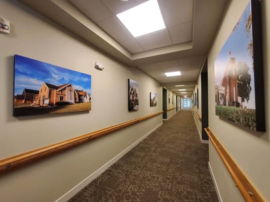 A well-lit corridor with decorative wall art