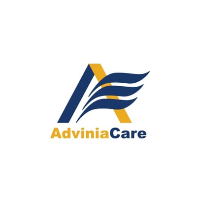 AdviniaCare logo with blue and yellow colors