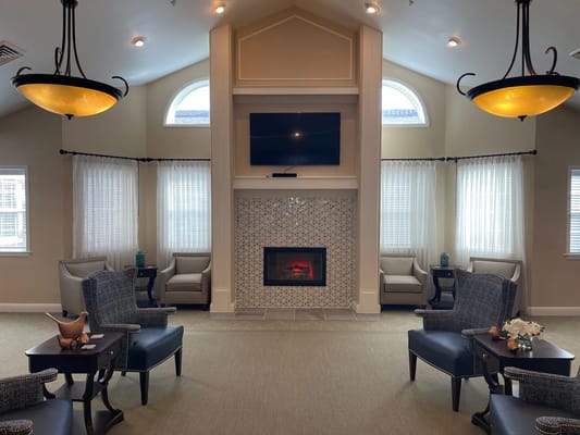 Bright community lounge with comfortable seating