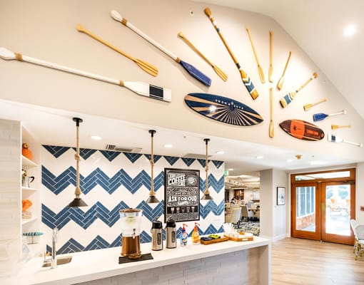 Interior view of a common area with decorative oars