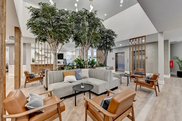 Bright and welcoming common area with modern furniture