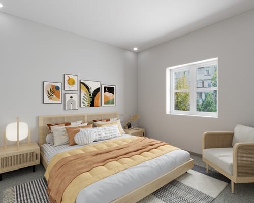 Brightly lit private bedroom with decor