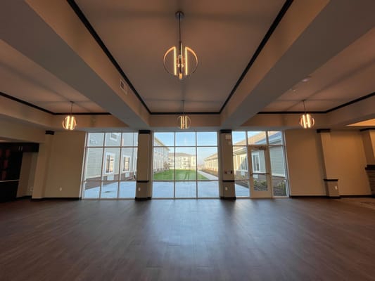 Interior view of a common area with modern lighting