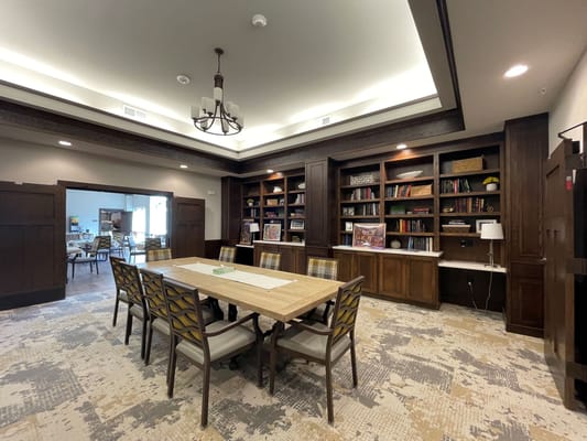 Interior view of a common area with a dining table