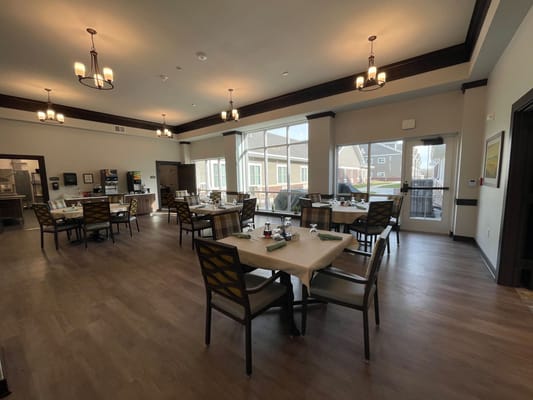 Dining room area set for a meal