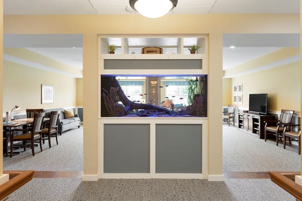 Interior view of a communal area with an aquarium