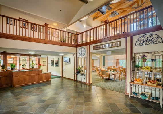 Interior view of a dining area with tables and décor