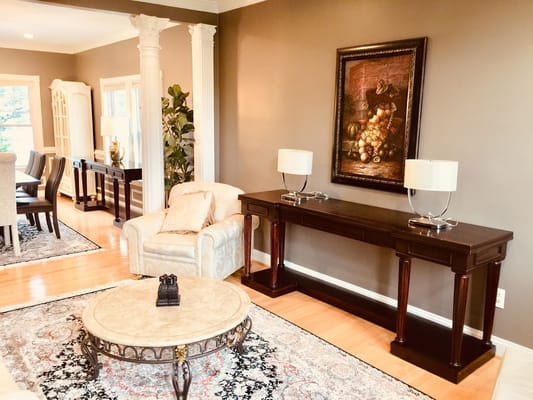 Cozy lobby area with seating and decorative elements