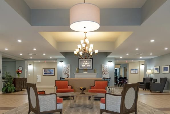 Interior view of a cozy common area with seating