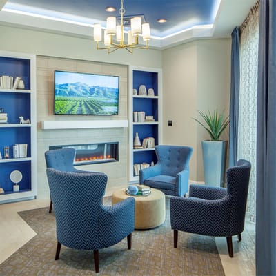 Comfortable seating area with blue chairs and a decorative shelf