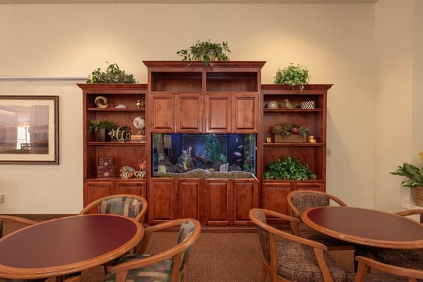 Cozy lounge area featuring a wooden fish tank and seating.