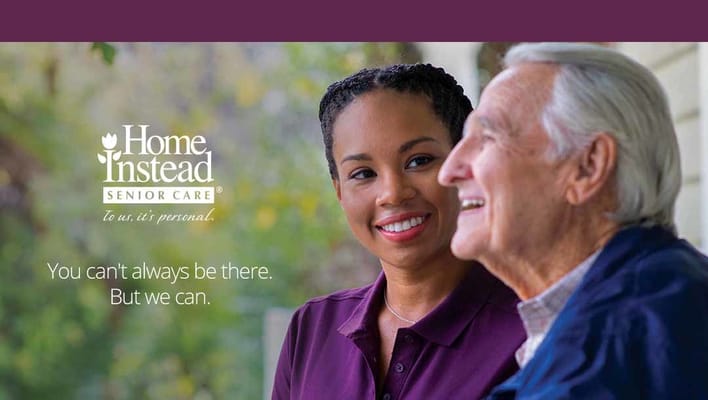 Logo of Home Instead Senior Care with smiling caregiver and senior