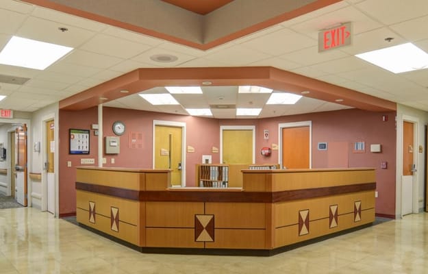 Bright interior view of a nursing home reception area
