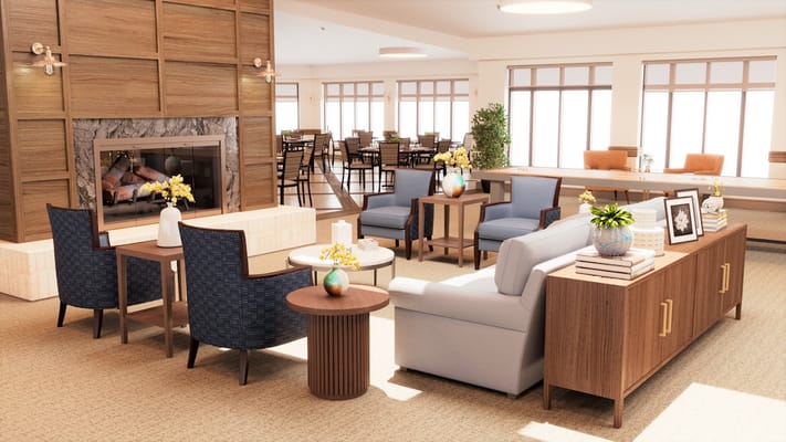 Bright and inviting common area with seating and decor