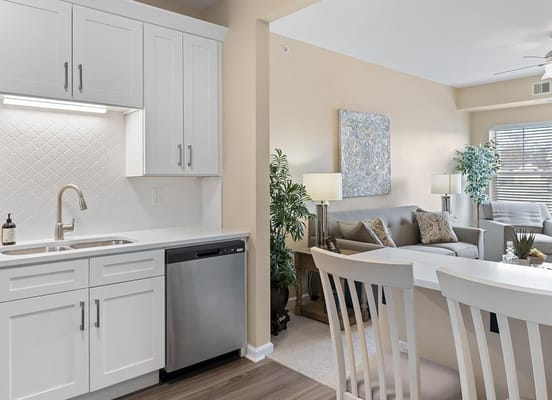Bright interior view of a living space and kitchen
